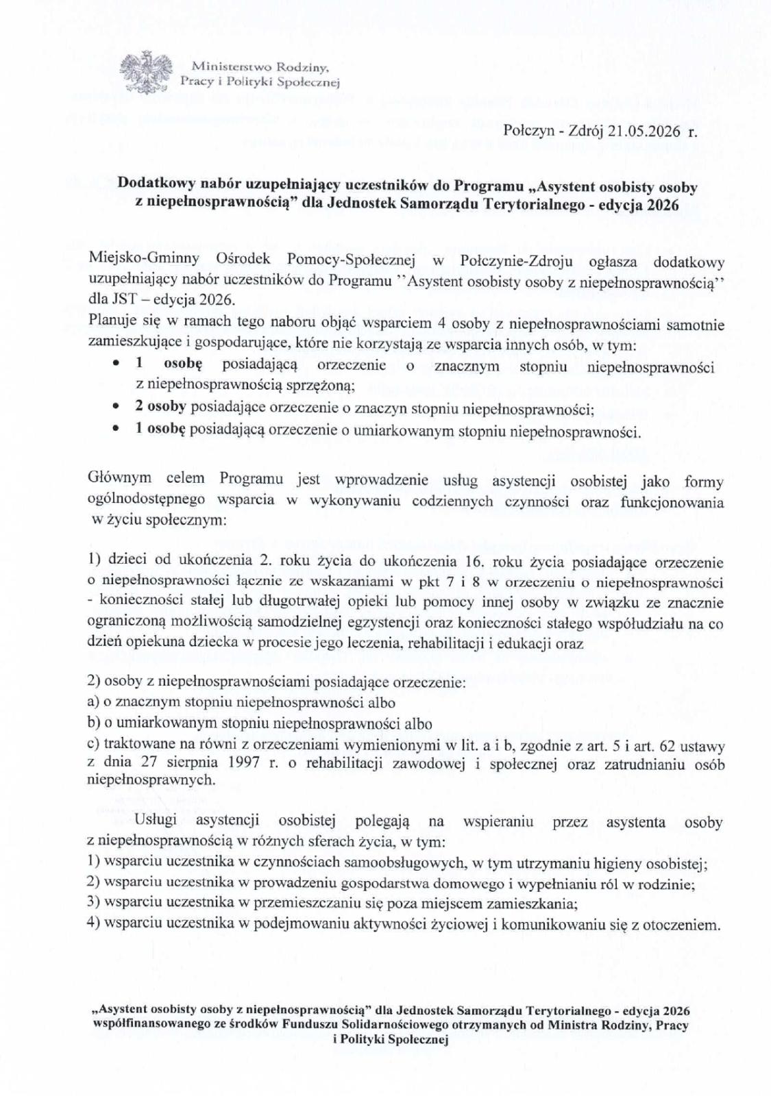 Dodatkowy nabór uzupełniający uczestników do Programu ,,Asystent osobisty osoby z niepełnosprawnością'' dla Jednostek Samorządu Terytorialnego- edycja 2026