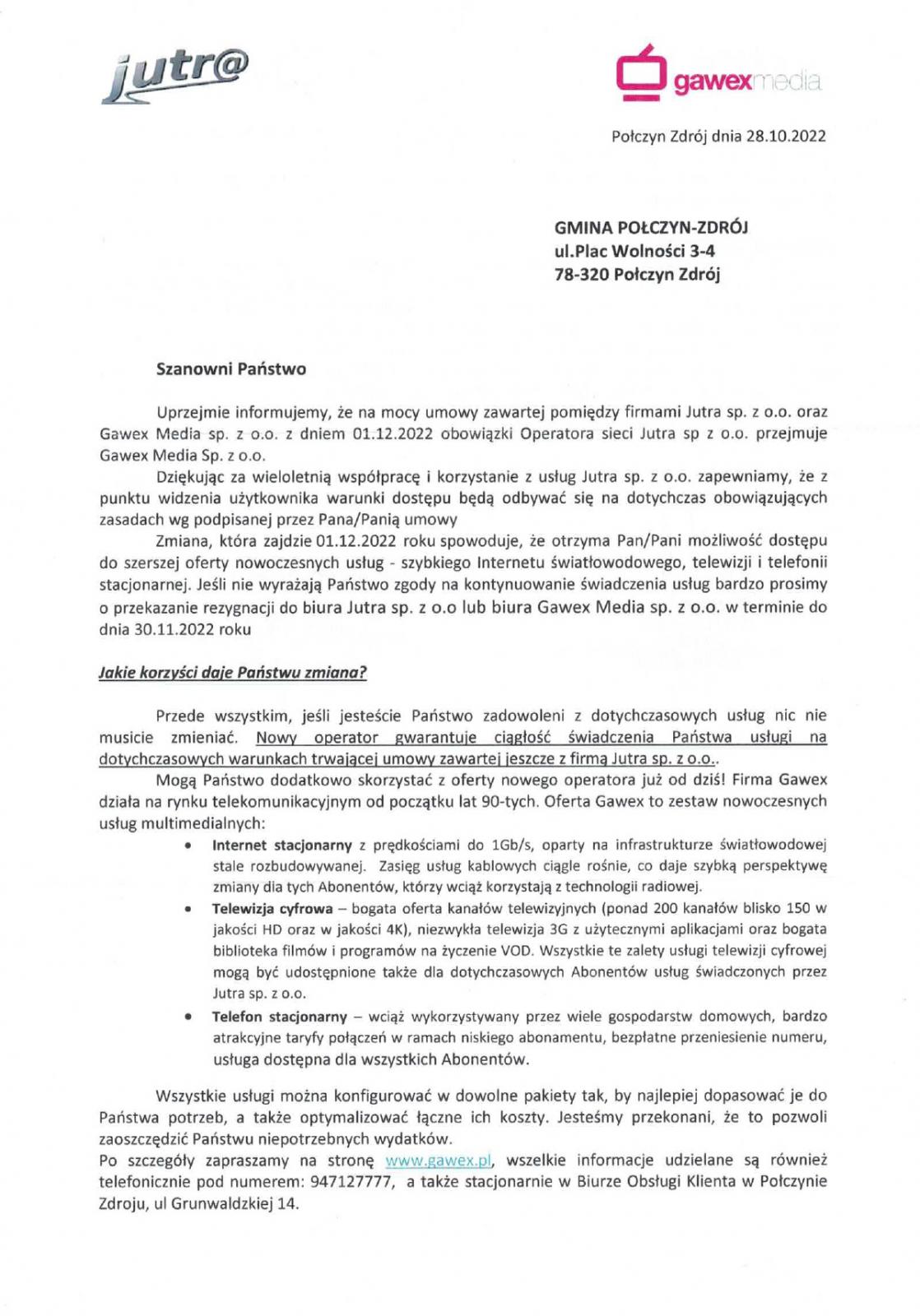 Pismo z Firmy Gawex strona 1
