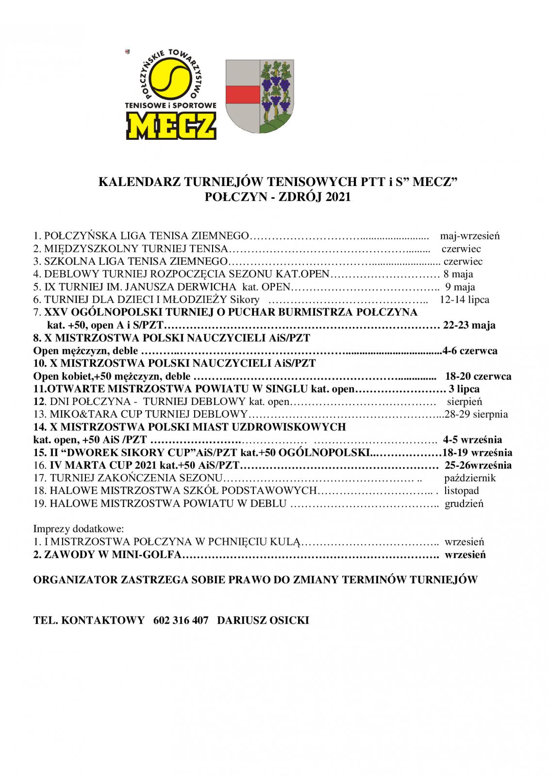 Kalendarz turniejów tenisowych