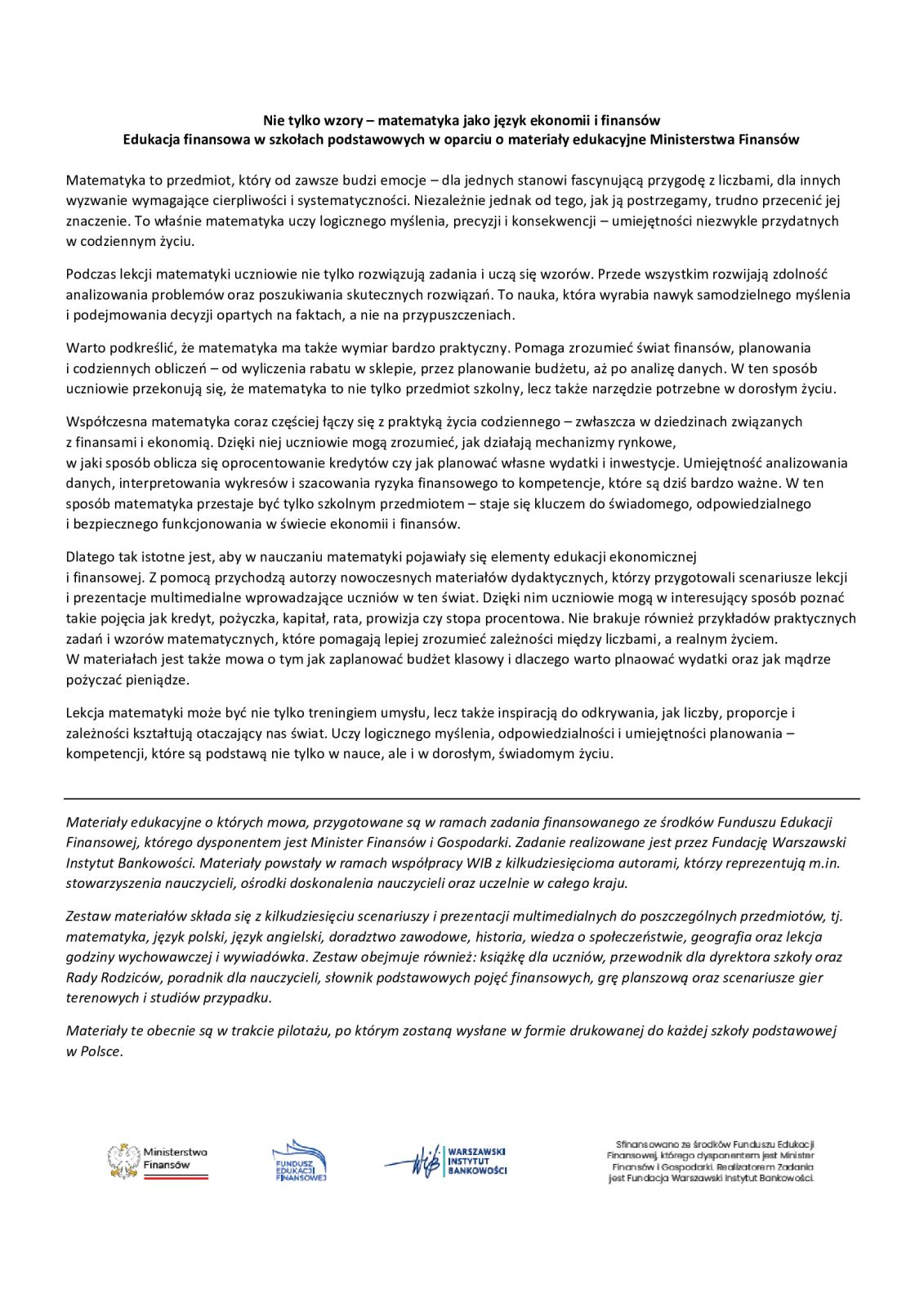 Edukacja finansowa w szkołach podstawowych w oparciu o materiały edukacyjne Ministerstwa Finansów