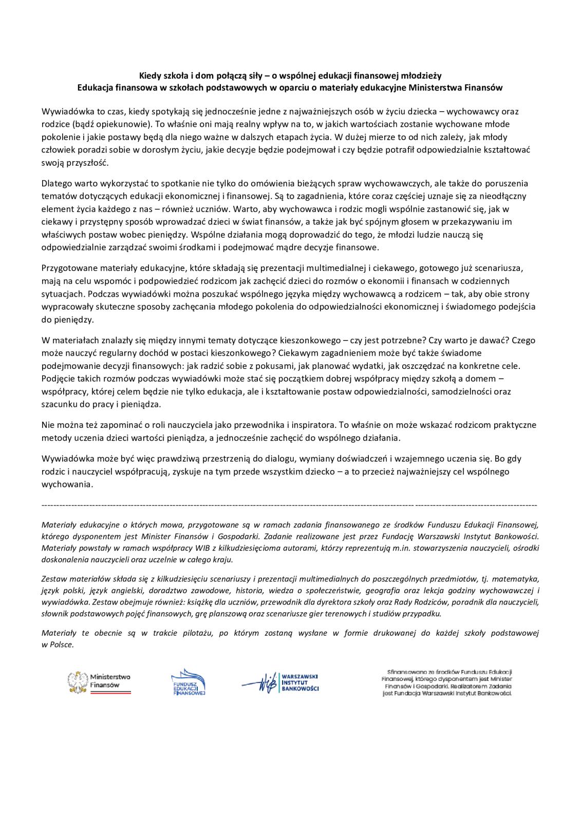 Edukacja finansowa w szkołach podstawowych w oparciu o materiały edukacyjne Ministerstwa Finansów
