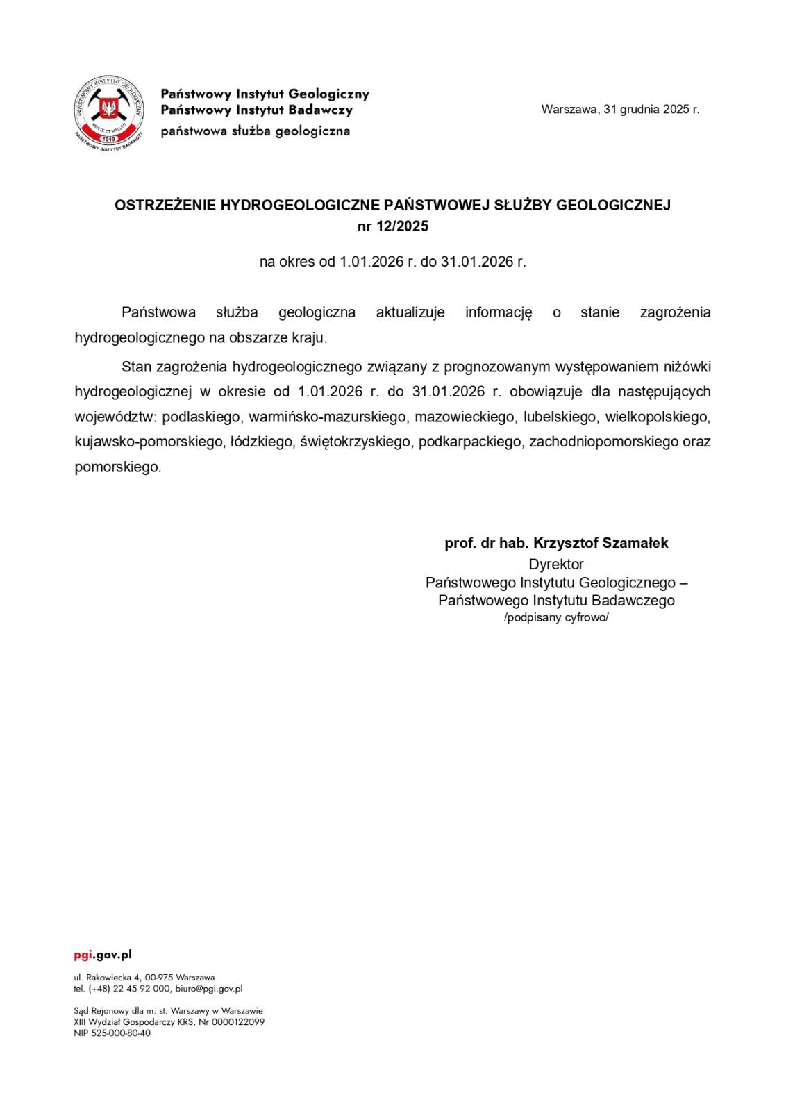 OSTRZEŻENIE HYDROGEOLOGICZNE PAŃSTWOWEJ SŁUŻBY GEOLOGICZNEJ nr 12/2025