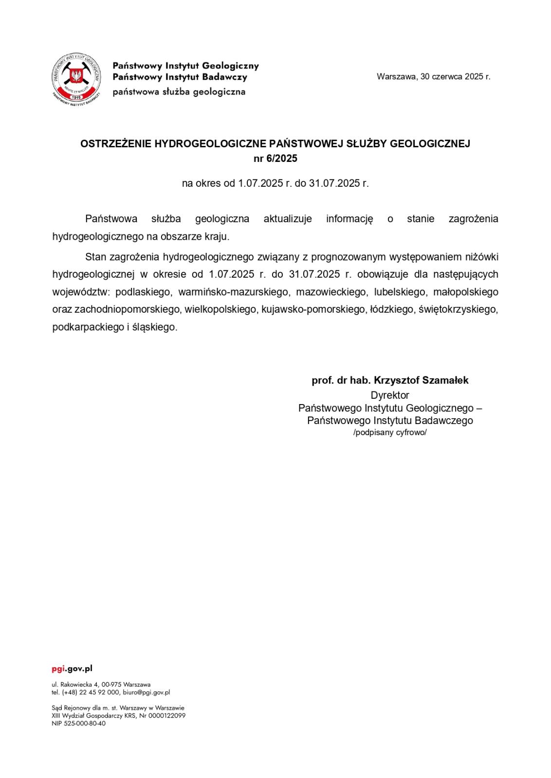 OSTRZEŻENIE HYDROGEOLOGICZNE PAŃSTWOWEJ SŁUŻBY GEOLOGICZNEJ nr 6/2025 na okres od 1.07.2025 r. do 31.07.2025 r.