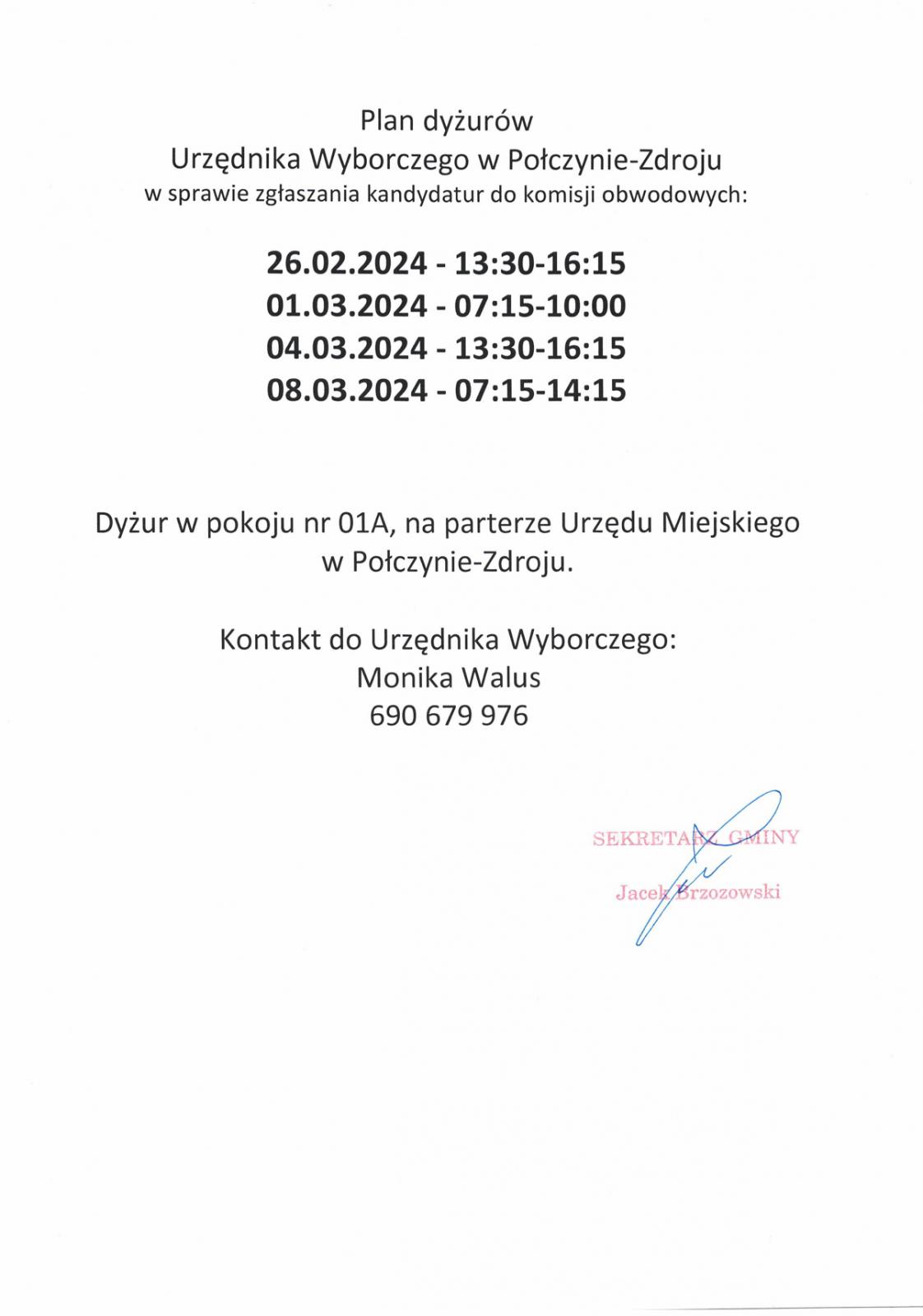 Plan dyżurów Urzędnika Wyborczego