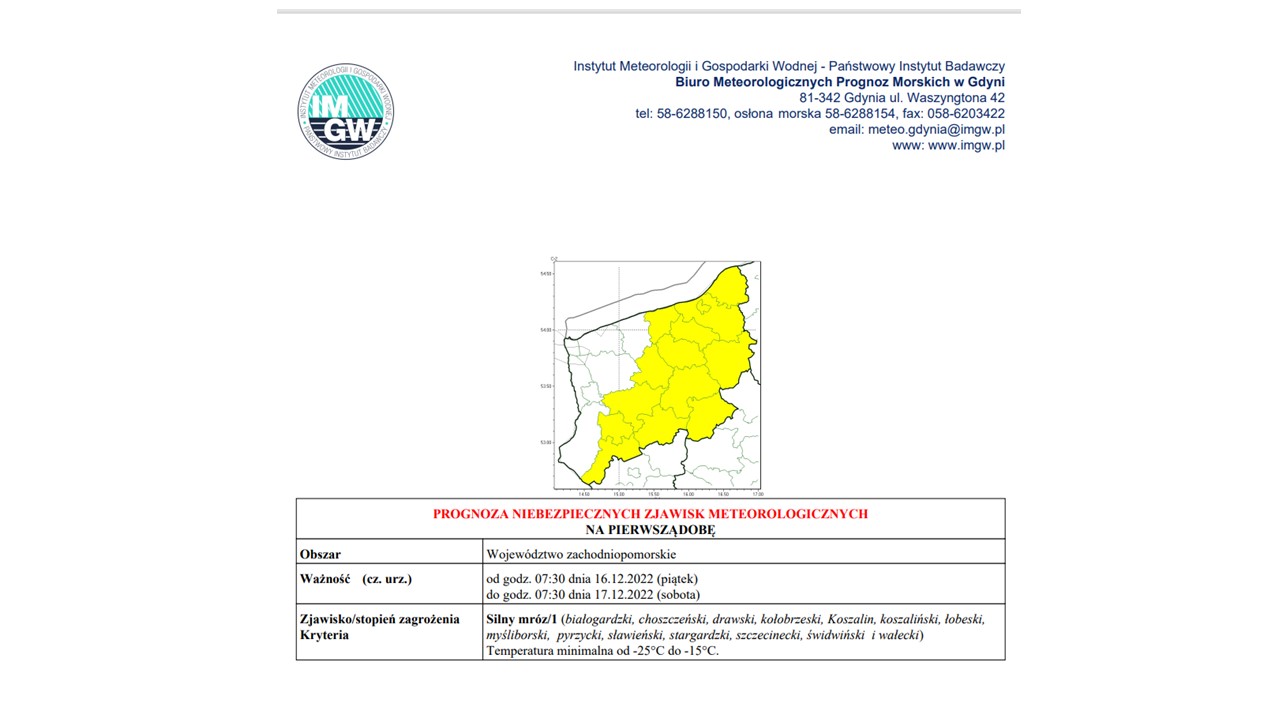 Ostrzeżenie meteorologiczne 16.12.2022
