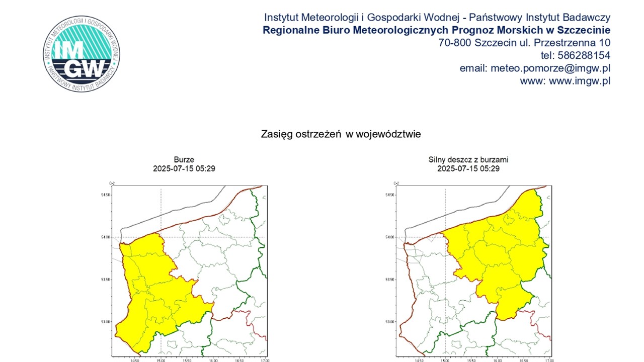 OSTRZEŻENIE METEOROLOGICZNE 15.07.2025 R.