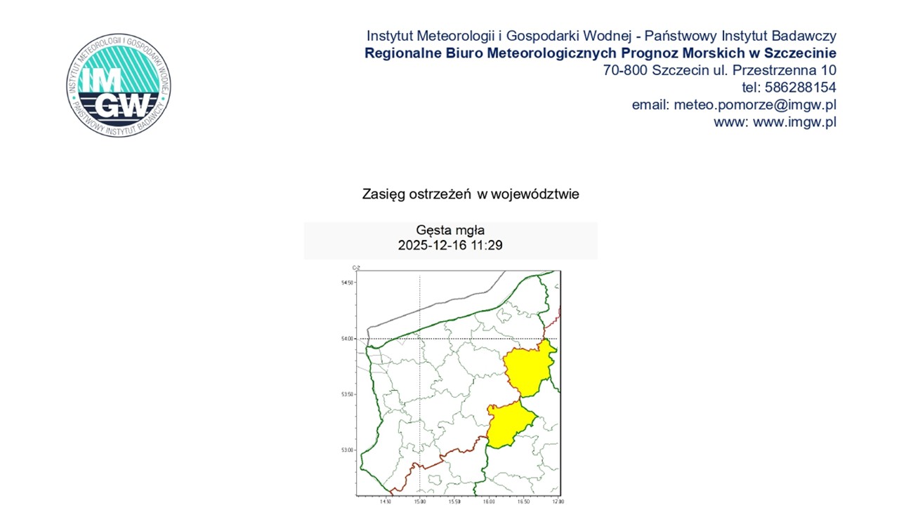 OSTRZEŻENIE METEOROLOGICZNE 16.12.2025 R.-17.12.2025 R. MOŻLIWE MGŁY
