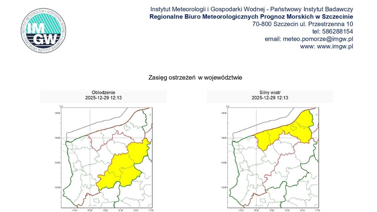 OSTRZEŻENIE METEOROLOGICZNE 29.12.2025 R.- 31.12.2025 R. MOŻLIWE OBLODZENIA I SILNY WIATR
