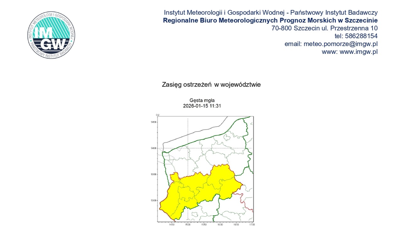 OSTRZEŻENIE METEOROLOGICZNE 15.01.2026 R.-16.01.2026 R. MOŻLIWE GĘSTE MGŁY