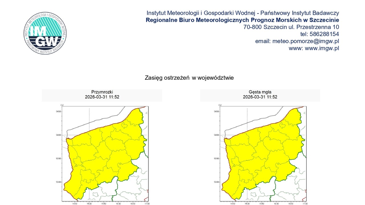 OSTRZEŻENIE METEOROLOGICZNE 31.03.2026 R.- 01.04.2026 R.