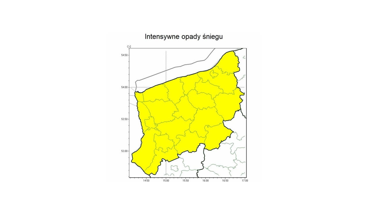 OSTRZEŻENIE METEOROLOGICZNE 15.02.2025 R R.-16.02.2025 R. MOŻLIWE INTENSYWNE OPADY ŚNIEGU