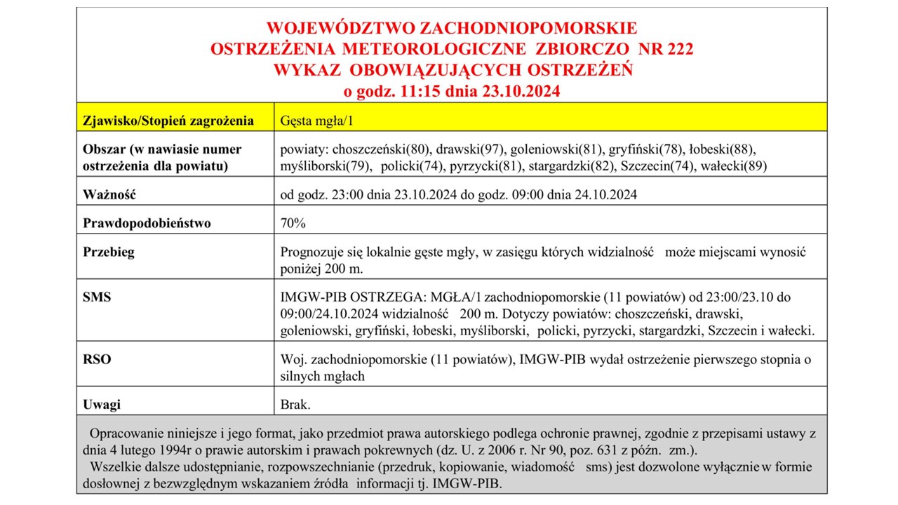 OSTRZEŻENIE METEOROLOGICZNE 23.10.2024 R.- 24.10.2024 R. 