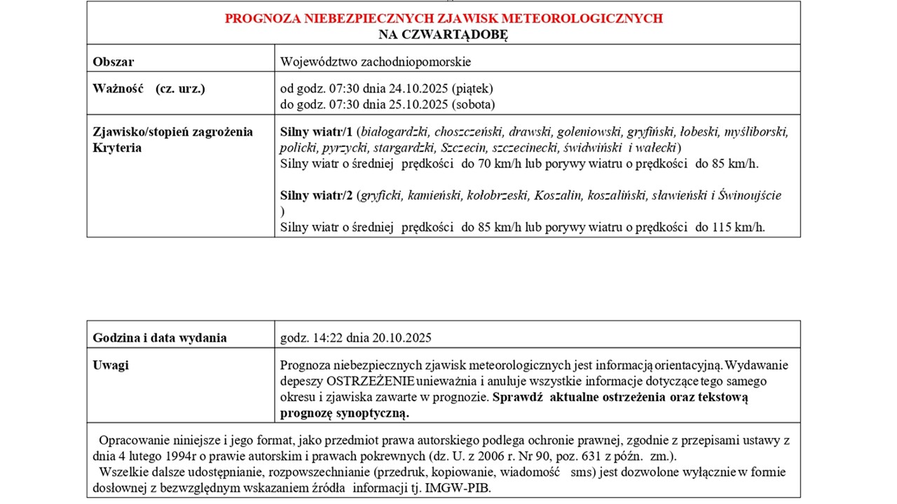 OSTRZEŻENIE METEOROLOGICZNE 24.10.2025 R.-25.10.2025 R.
