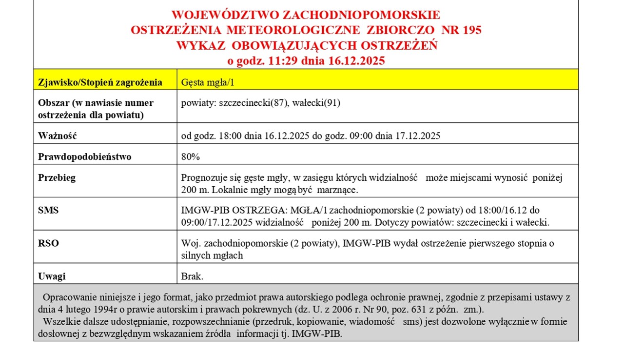 OSTRZEŻENIE METEOROLOGICZNE 16.12.2025 R.-17.12.2025 R. 