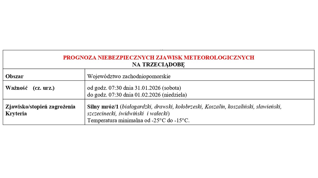 OSTRZEŻENIE METEOROLOGICZNE 31.01.2026 R.-02.02.2026 R. 