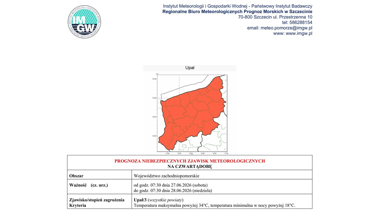 Ostrzeżenie meteorologiczne 25.06.2026 r.- 28.06.2026 r.