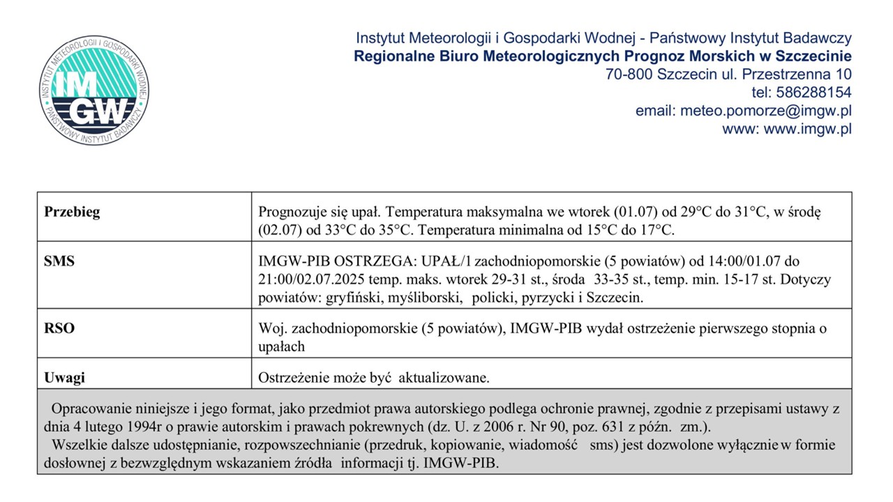 OSTRZEŻENIE METEOROLOGICZNE 01.07.2025 R.- 02.07.2025 R. MOŻLIWE UPAŁY