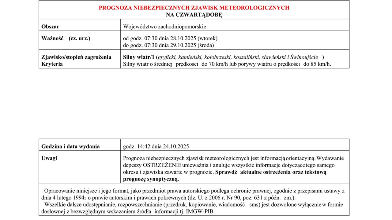 OSTRZEŻENIE METEOROLOGICZNE 27.10.2025-29.10.2025 R. 