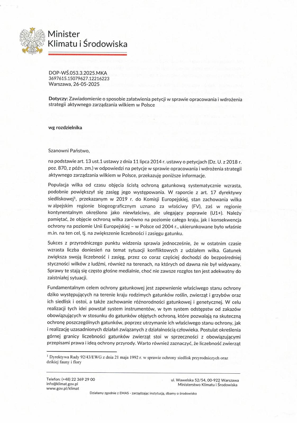 Odpowiedź z Ministerstwa Klimatu i Środowiska na petycję dotyczącą opracowania i wdrożenia strategii aktywnego zarządzania wilkiem w Polsce