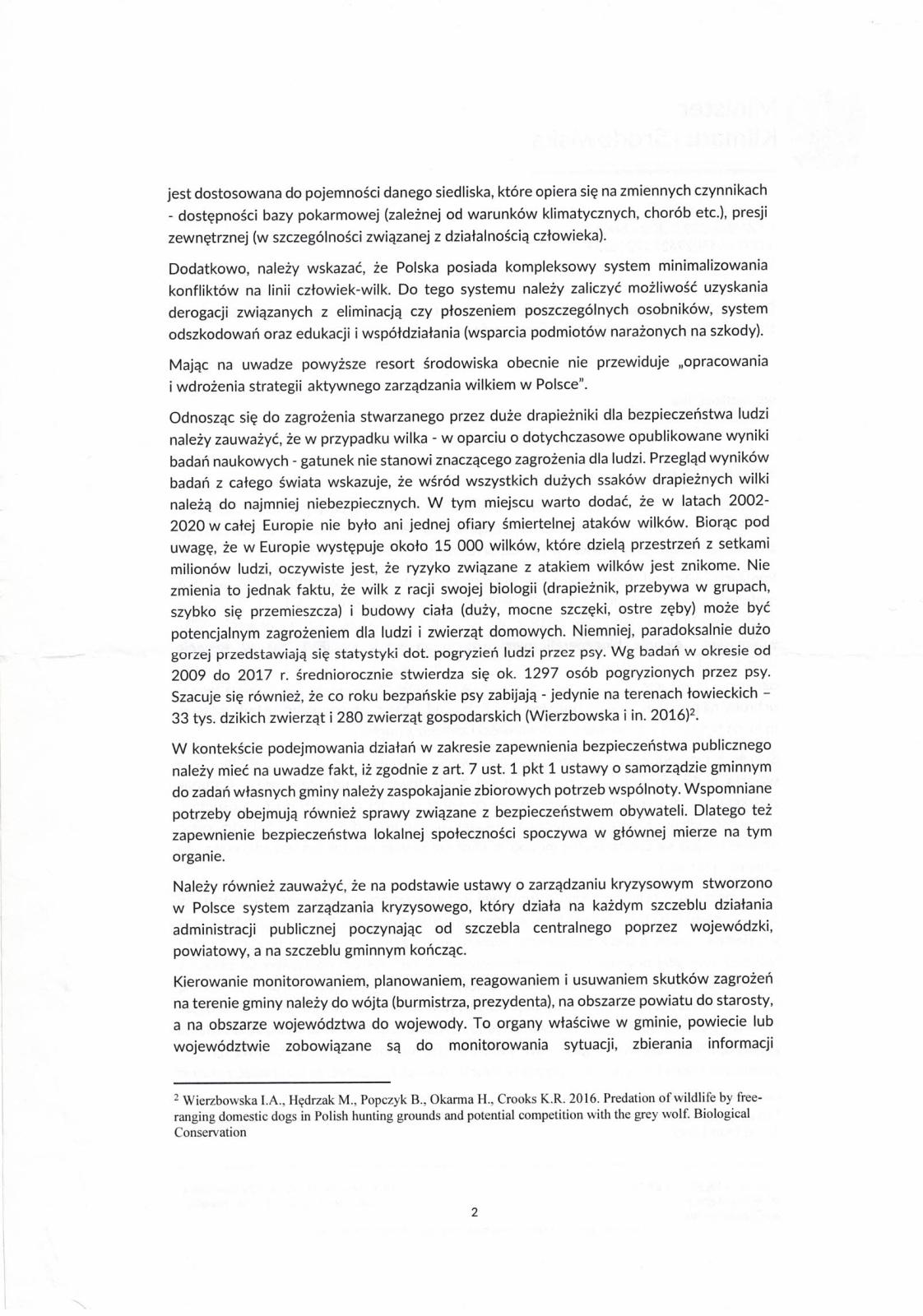Odpowiedź z Ministerstwa Klimatu i Środowiska na petycję dotyczącą opracowania i wdrożenia strategii aktywnego zarządzania wilkiem w Polsce