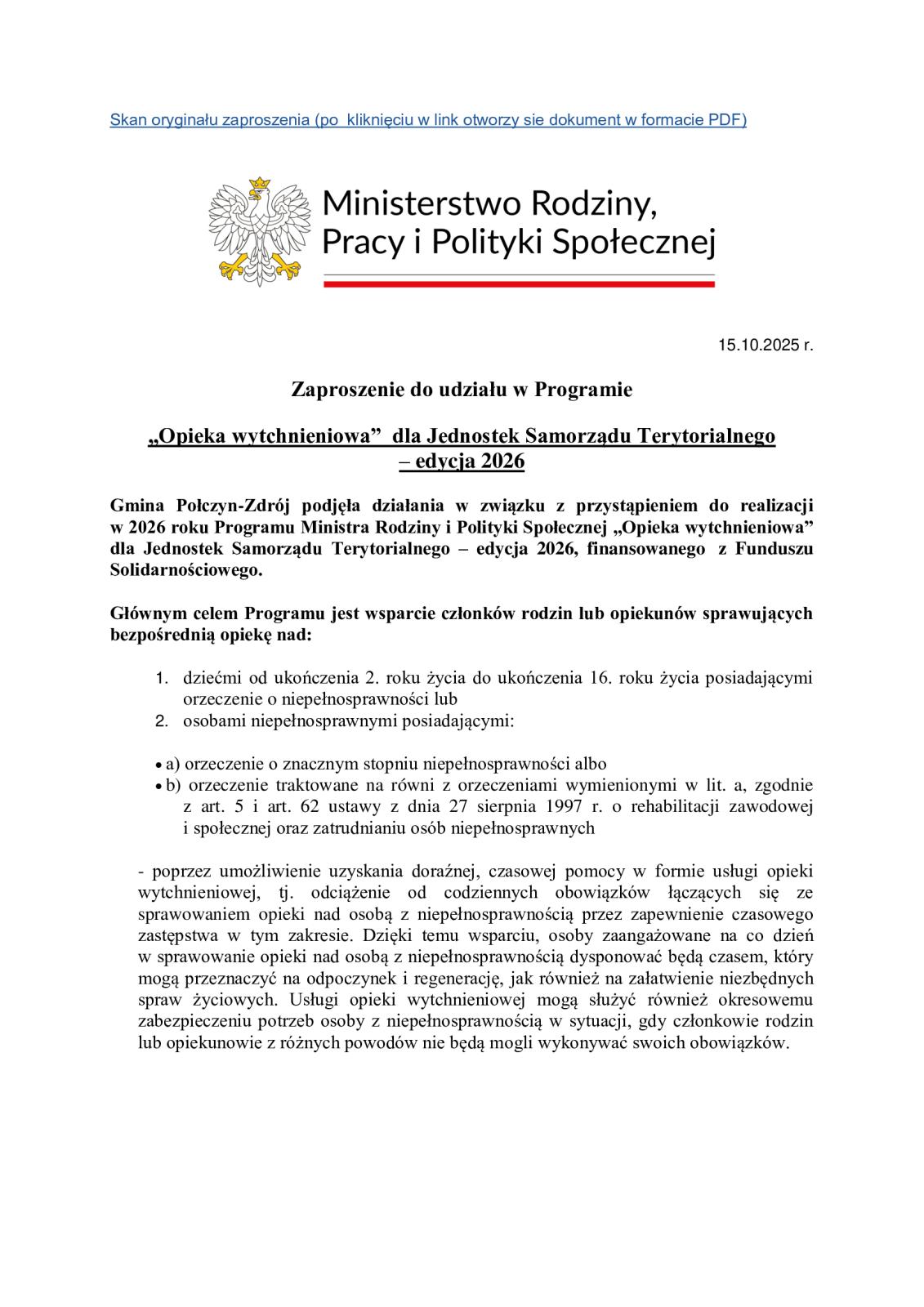  Program „Opieka wytchnieniowa”  dla Jednostek Samorządu Terytorialnego – edycja 2026