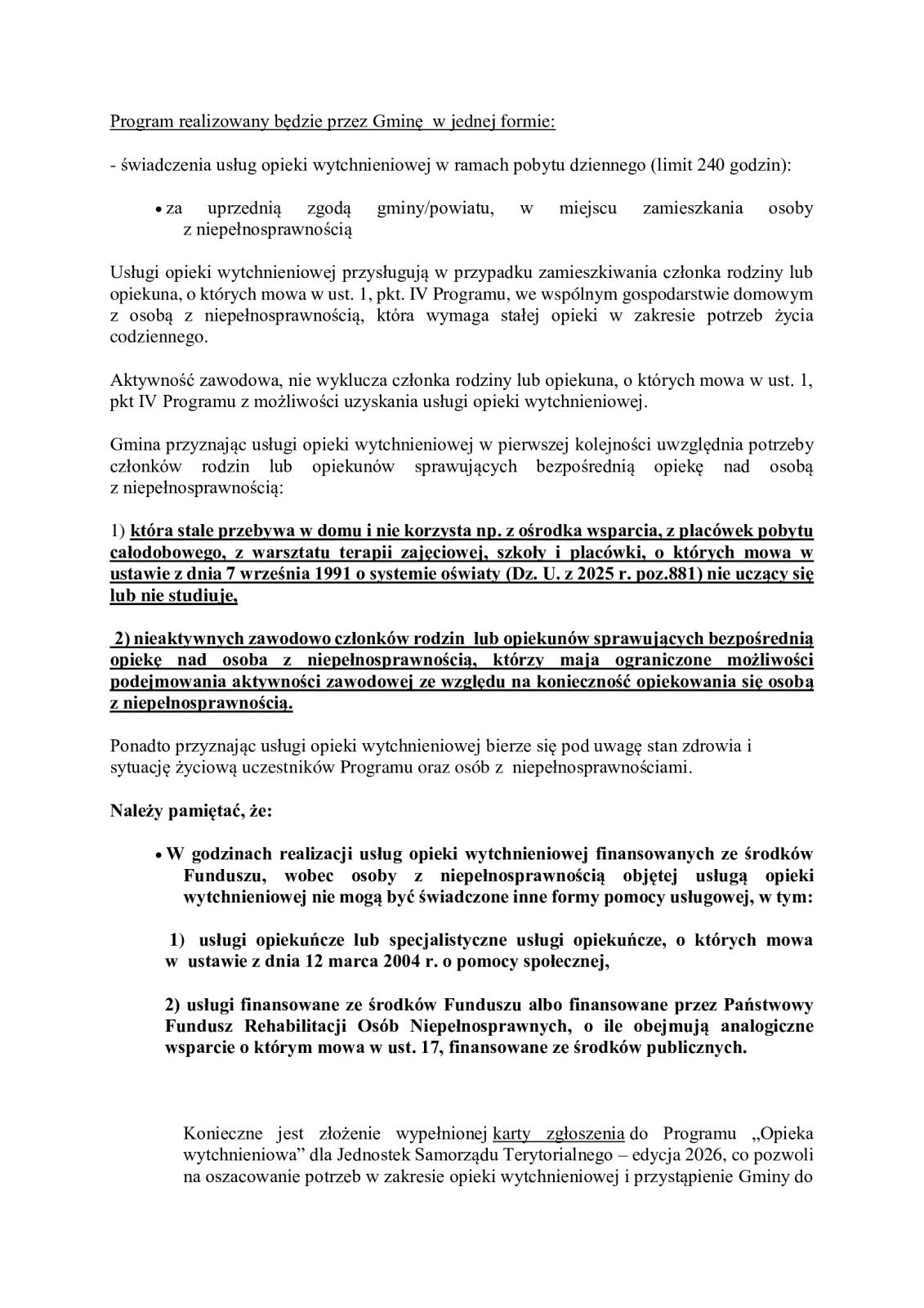  Program „Opieka wytchnieniowa”  dla Jednostek Samorządu Terytorialnego – edycja 2026
