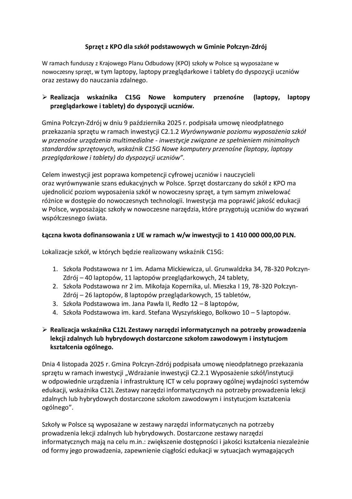 Sprzęt z KPO dla szkół podstawowych w Gminie Połczyn-Zdrój