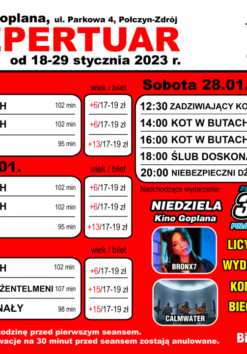 REPERTUAR KINA GOPLANA W POŁCZYNIE-ZDROJU 18-29 STYCZNIA 2023 -PLAKAT