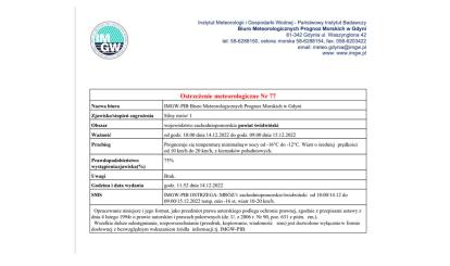 OSTRZEŻENIE METEOROLOGICZNE- KOMUNIKAT Z DNIA 14.12.2022