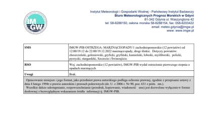 Ostrzeżenie meteorologiczne 19.12.2022
