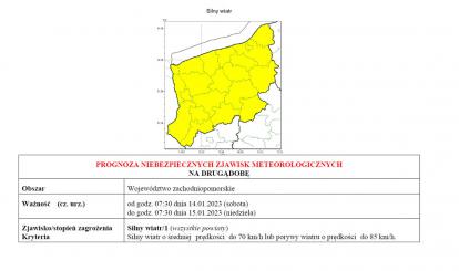 OSTRZEŻENIE METEOROLOGICZNE 13-15 STYCZNIA 2023- MAPA