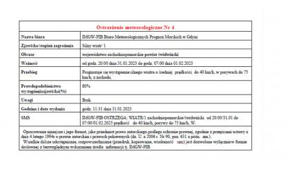 OSTRZEŻENIE METEOROLOGICZNE 31.01.2023-04.02.2023