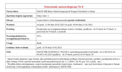 OSTRZEŻENIE METEOROLOGICZNE 20.02.2023-21.02.2023 R.