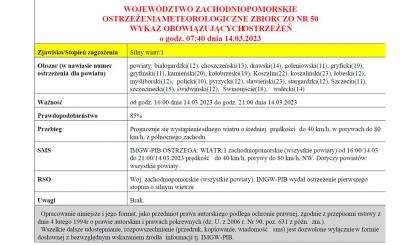 OSTRZEŻENIE METEOROLOGICZNE 14.03.2023