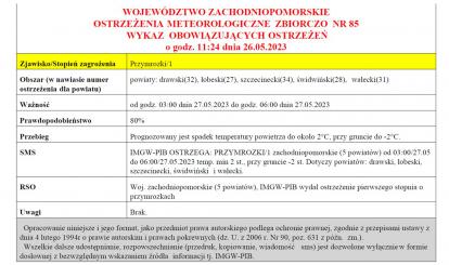 OSTRZEŻENIE METEOROLOGICZNE 27.05.2023