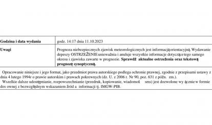 OSTRZEŻENIE METEOROLOGICZNE 12.10-16.10.2023 R. MOŻLIWY SILNY WIATR