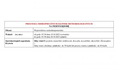OSTRZEŻENIE METEOROLOGICZNE 19-20.10.2023 R. MOŻLIWY SILNY WIATR