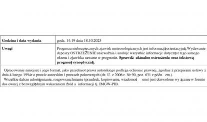 OSTRZEŻENIE METEOROLOGICZNE 20.10-22.10.2023 R.