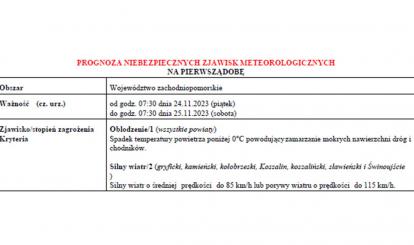 OSTRZEŻENIE METEOROLOGICZNE 24-26 LISTOPADA 2023 R.