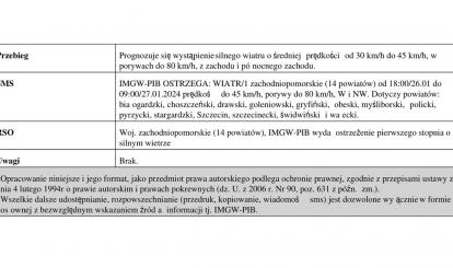 OSTRZEŻENIE METEOROLOGICZNE 26.01-27.01.2024 R.
