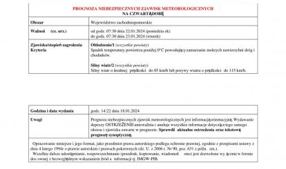 OSTRZEŻENIE METEOROLOGICZNE 19.01-23.01.2024 R.
