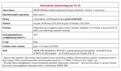 OSTRZEŻENIE METEOROLOGICZNE 23.02.2024 R.