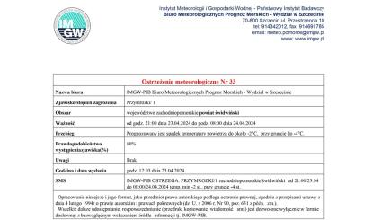 OSTRZEŻENIE METEOROLOGICZNE 23.04-24.04.2024 R.