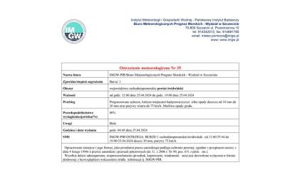 OSTRZEŻENIE METEOROLOGICZNE 25.04-26.04.2024 R.