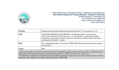 OSTRZEŻENIE METEOROLOGICZNE 25.04-26.04.2024 R.