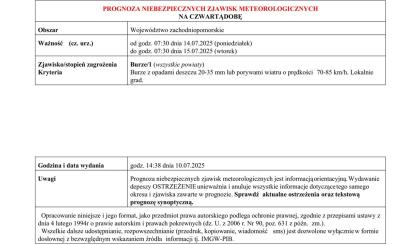 OSTRZEŻENIE METEOROLOGICZNE 11.07.2025 R.- 15.07.2025 R. MOŻLIWE INTENSYWNE OPADY DESZCZU, BURZE I SILNY WIATR