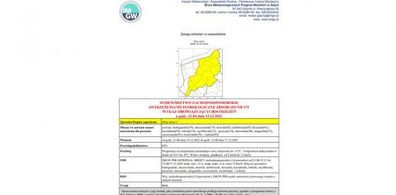 OSTRZEŻENIE METEOROLOGICZNE 15.12.2022