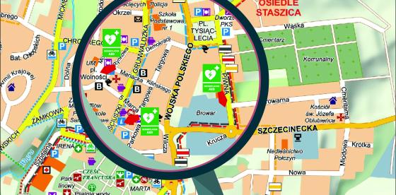 Dostępne publicznie defibrylatory 24/7 AED w Połczynie-Zdroju- mapka