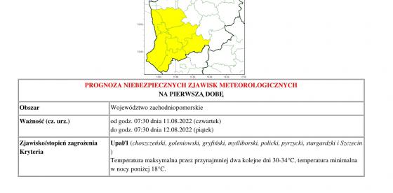 Prognoza niebezpiecznych zjawisk - województwo zachodniopomorskie 11-15.08.2022r.