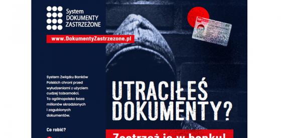 Utraciłeś dokumenty? Zastrzeż je w banku!- plakat informujący